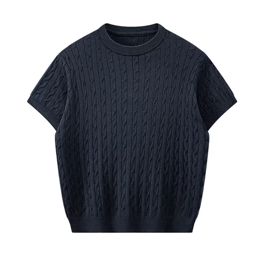 Gestrickter Rundhals-Pullover mit kurzen Ärmeln