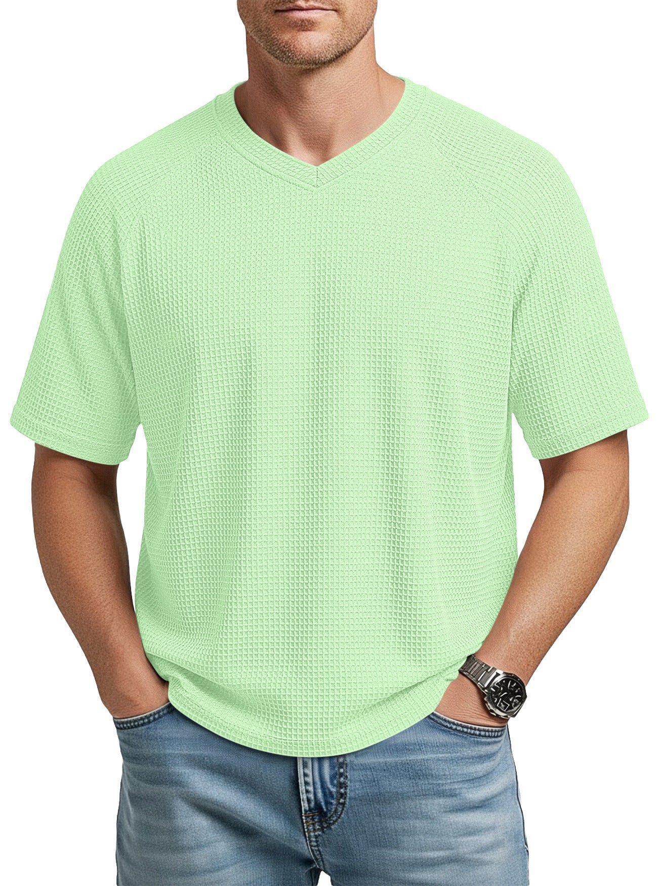 Herren V-Ausschnitt Raglan Waffelstrick T-Shirt