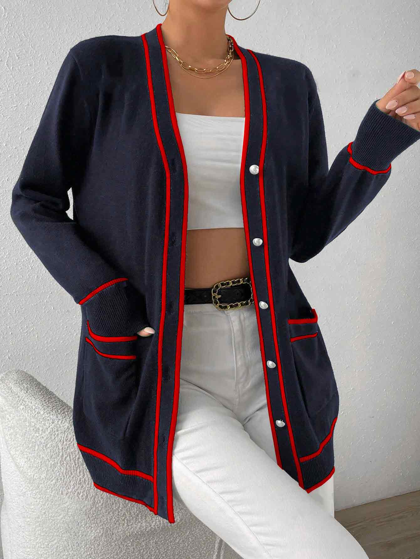 V-Ausschnitt Strickjacke mit Streifen