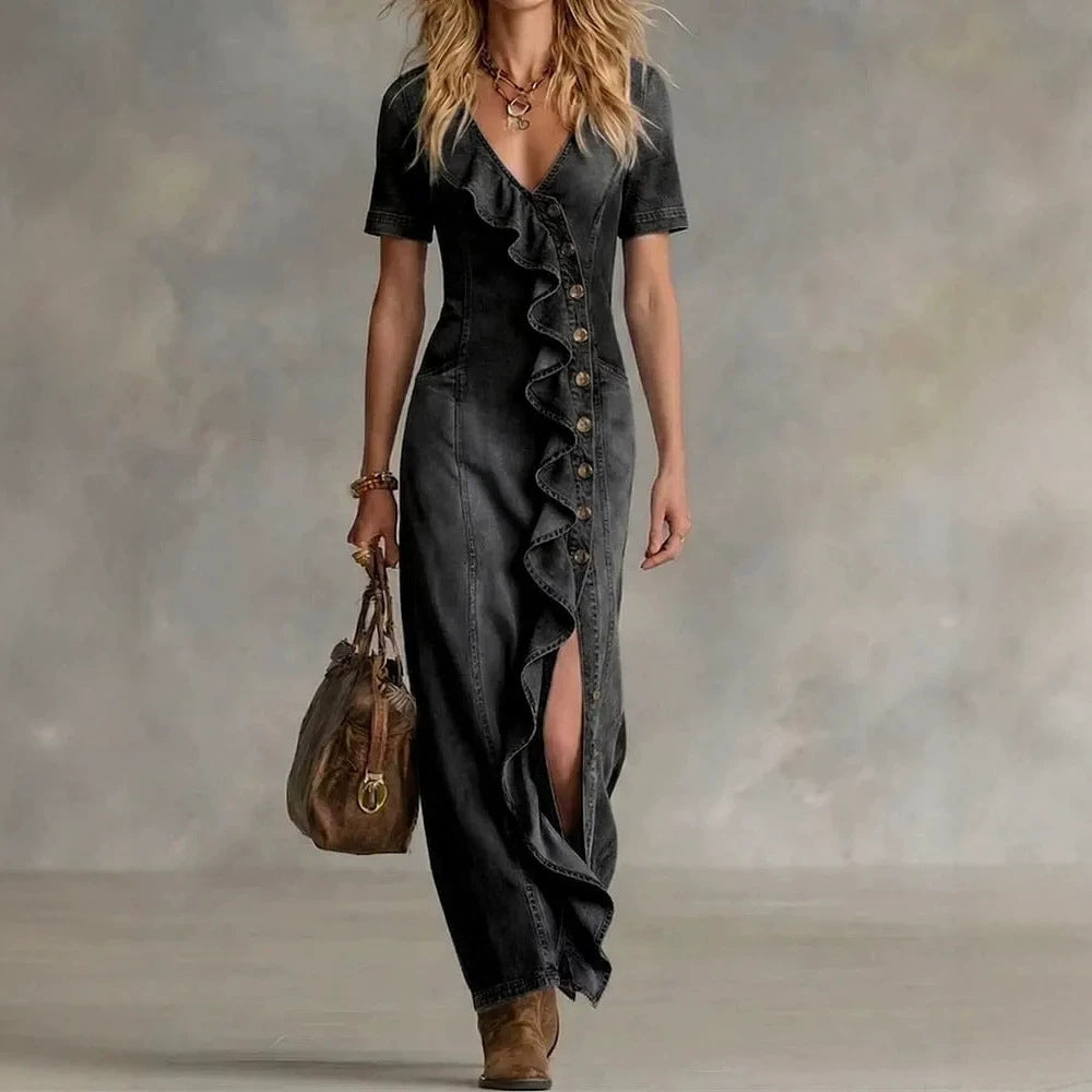 Retro Denim V-Ausschnitt Rüschenkleid – Bild 4 | LuxeStyle