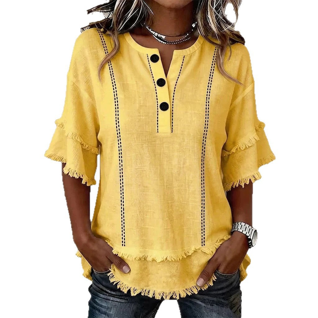 Bedrucktes Henley-Shirt mit Knopfleiste & Raw-Hem