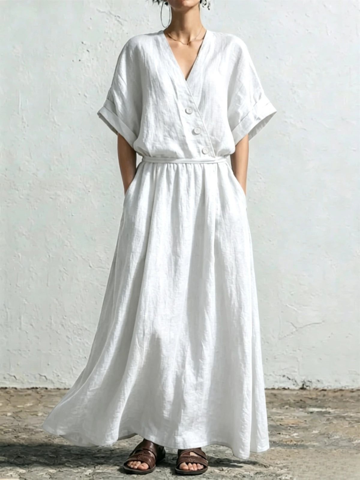 Weit sitzendes V-Ausschnitt-Kleid in Weiss – Bild 4 | LuxeStyle