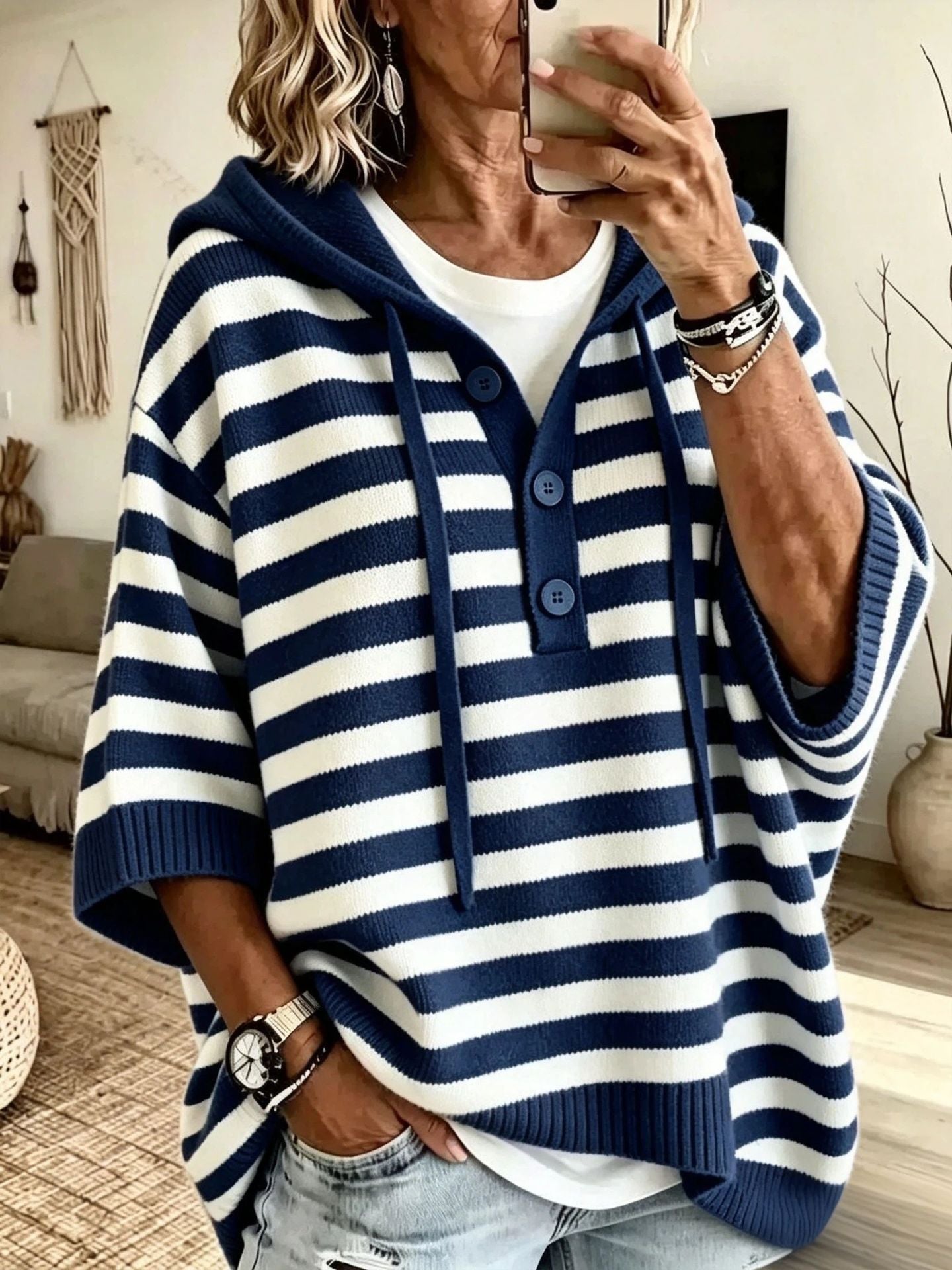 Kapuzen-Strickpullover mit Kordelzug