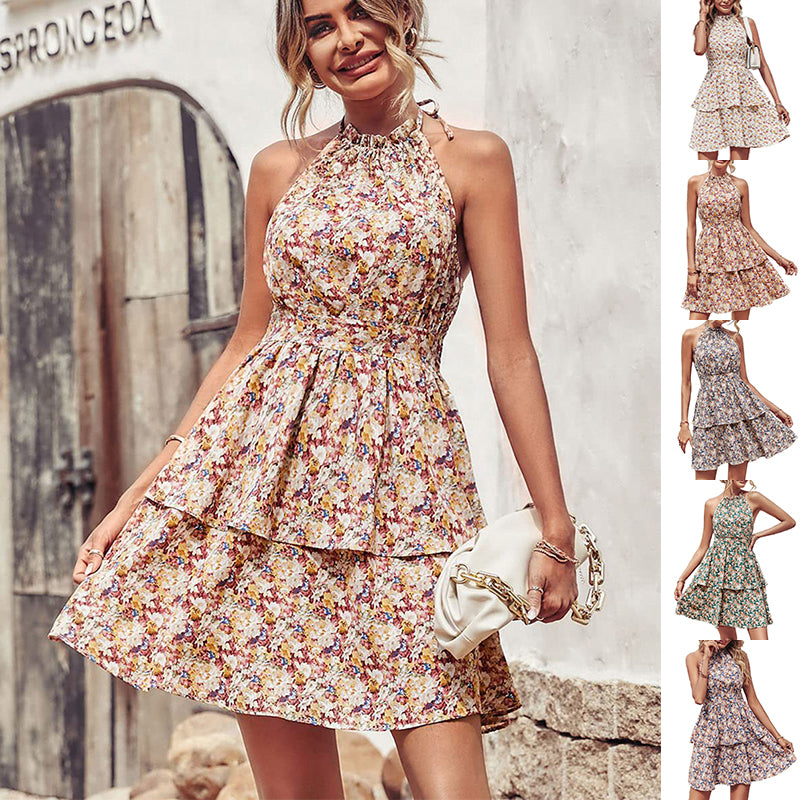 Boho Halter Minikleid mit Rüschen und A-Linie