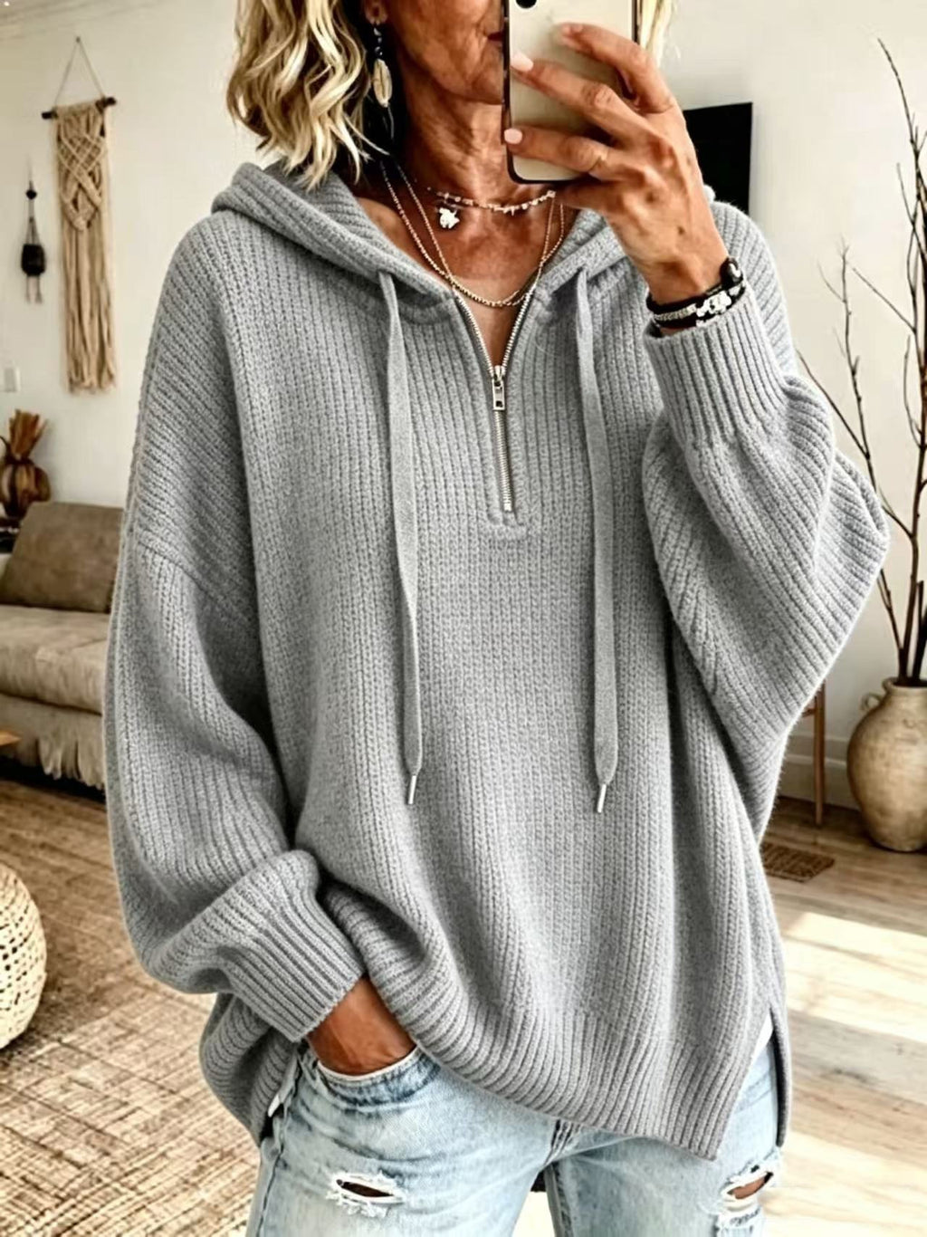 Gestreifter Half-Zip Pullover mit Stehkragen