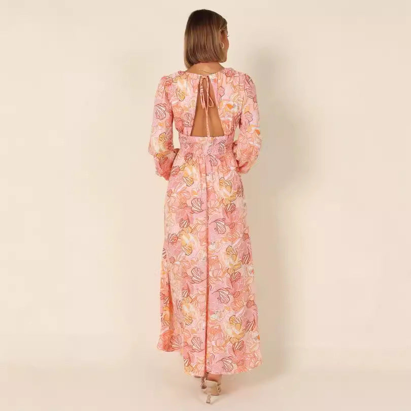 Bedrucktes rückenfreies V-Ausschnitt Langarm-Kleid – Bild 2 | LuxeStyle