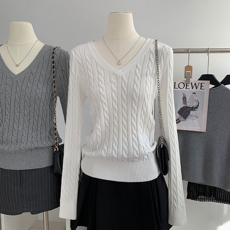 V-Ausschnitt Strickpullover für Damen im Preppy-Stil