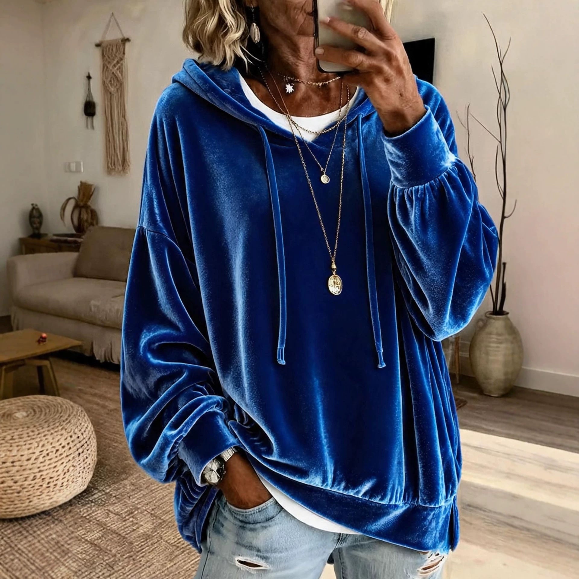 Samt-Hoodie mit Laternenärmeln