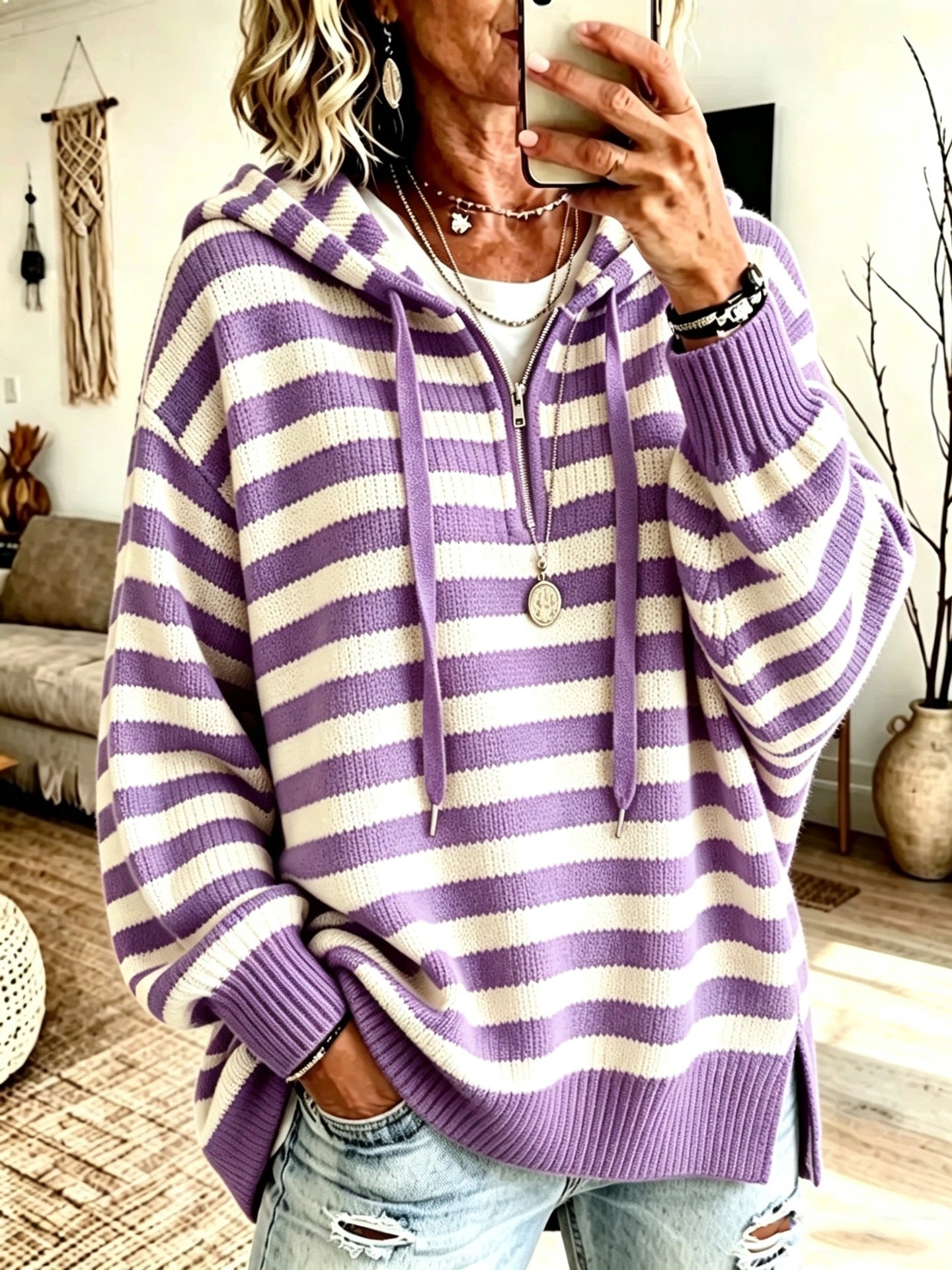 Gestreifter Half-Zip Pullover mit Stehkragen