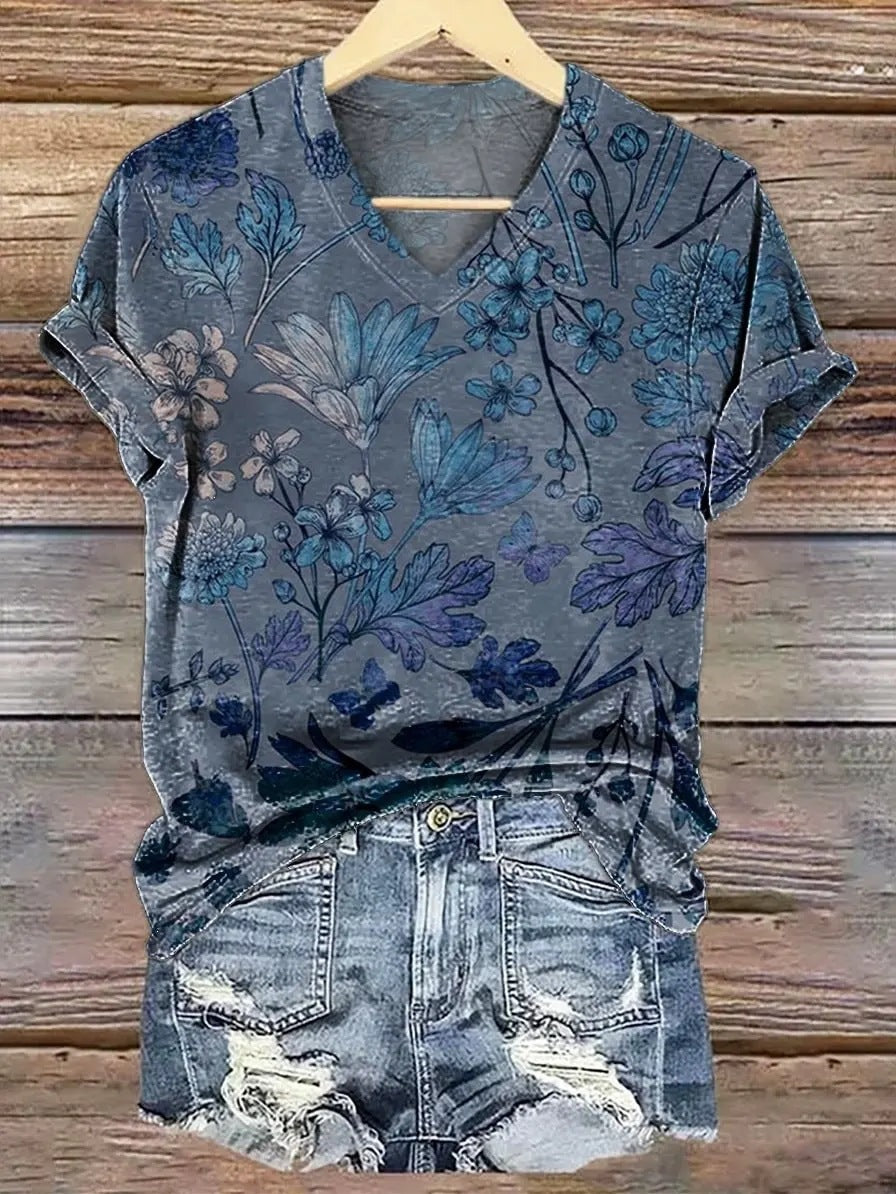 Locker sitzendes V-Neck Kurzarm-Top für Damen