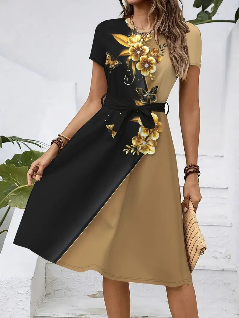 Sommerkleid «Fleur Noir» · Blumen-Print, Midi mit Bindegürtel