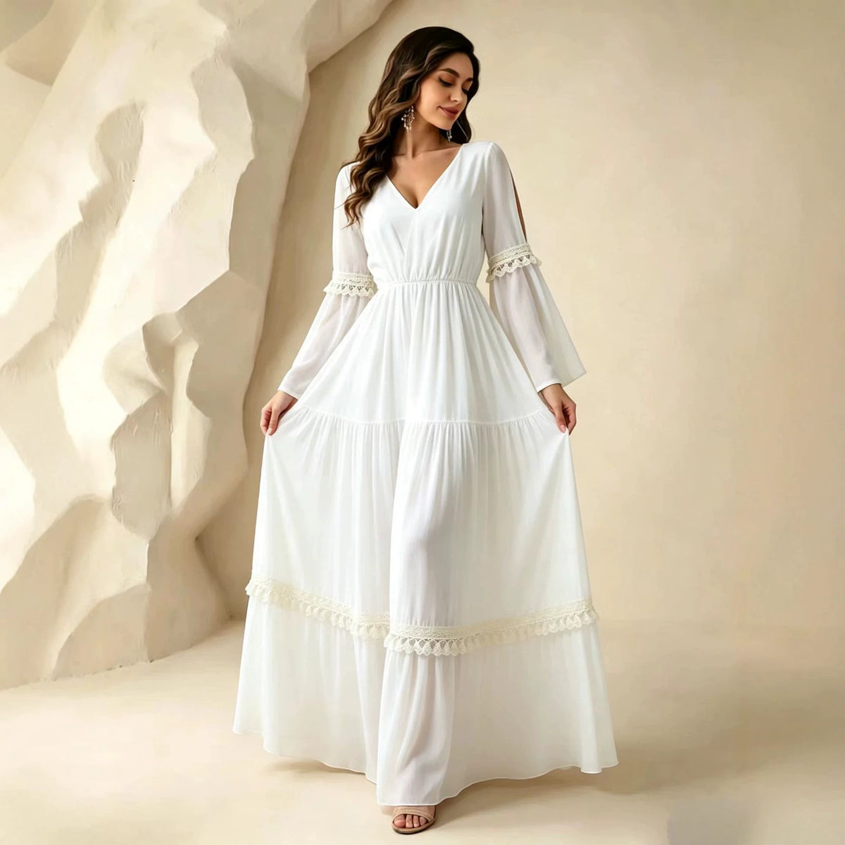 Weisses V-Ausschnitt Split-Bell-Sleeve Kleid – Bild 4 | LuxeStyle