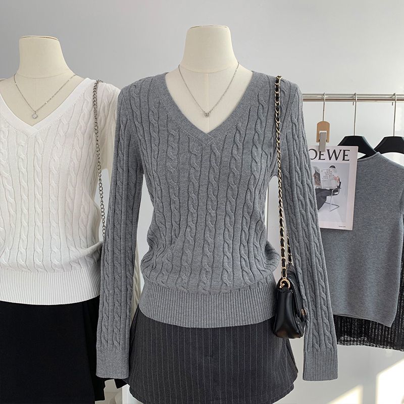 V-Ausschnitt Strickpullover für Damen im Preppy-Stil