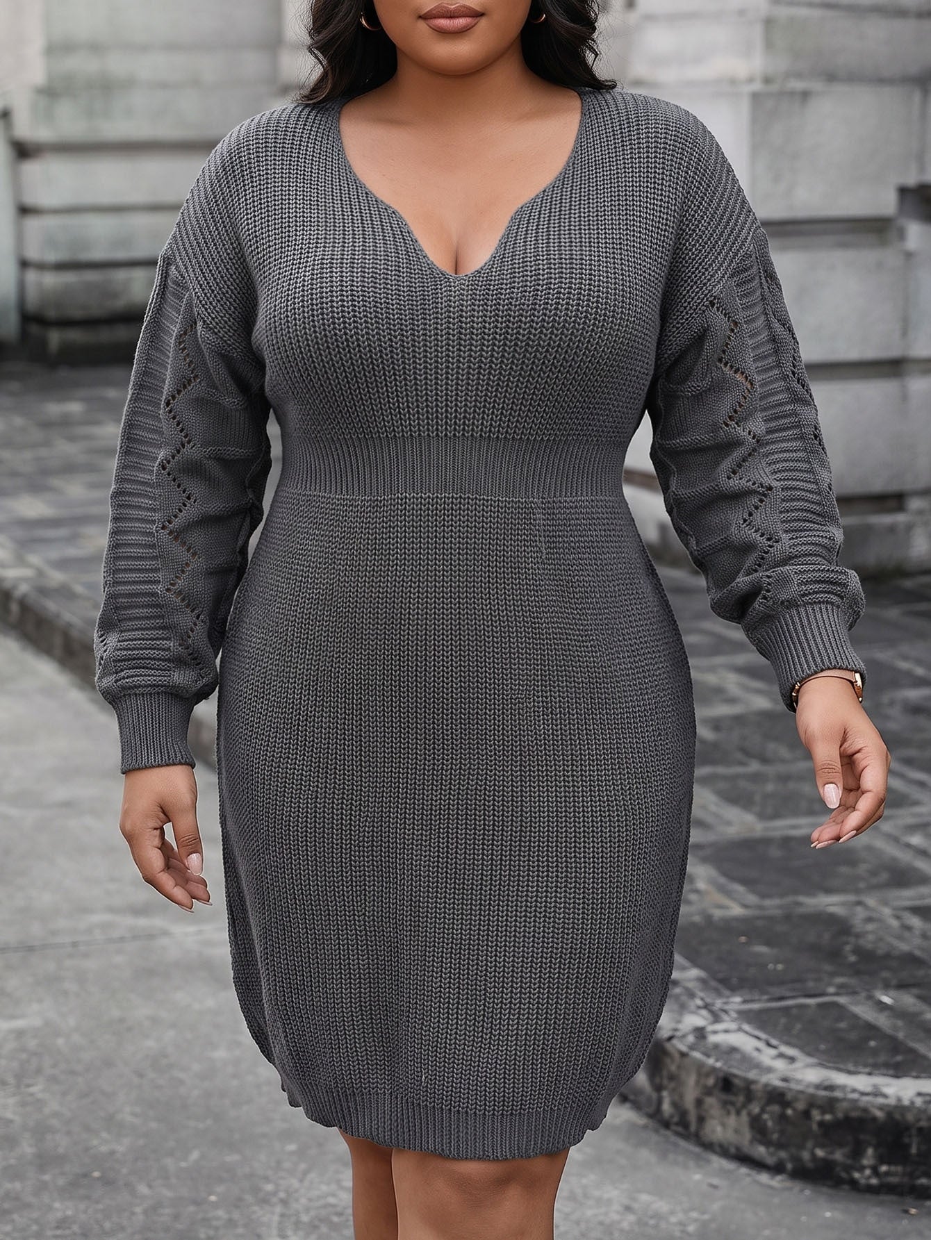 V-Ausschnitt Strickkleid für Herbst & Winter