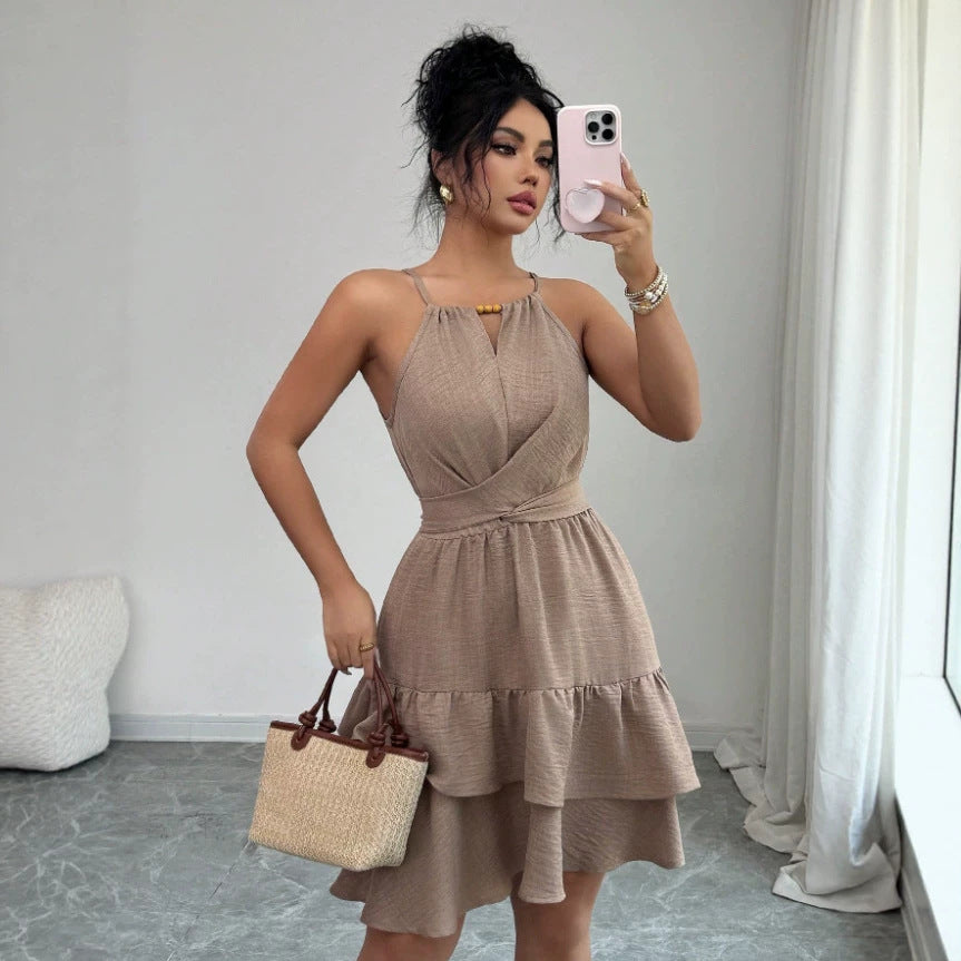 Halter V-Ausschnitt Rüschenkleid