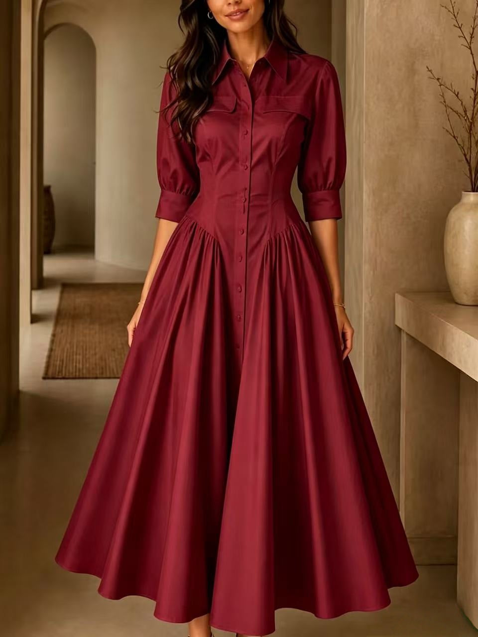 Elegantes Baumwoll-Leinen-Kleid mit hohem Bund – Bild 4 | LuxeStyle