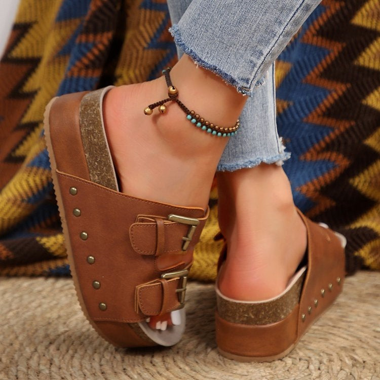Plateau Leder Zehensteg-Sandalen