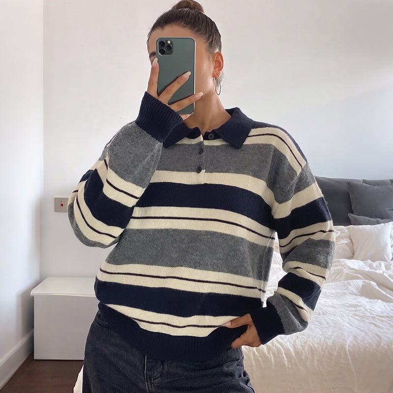 Gestreifter Color-Block V-Neck Strickpullover