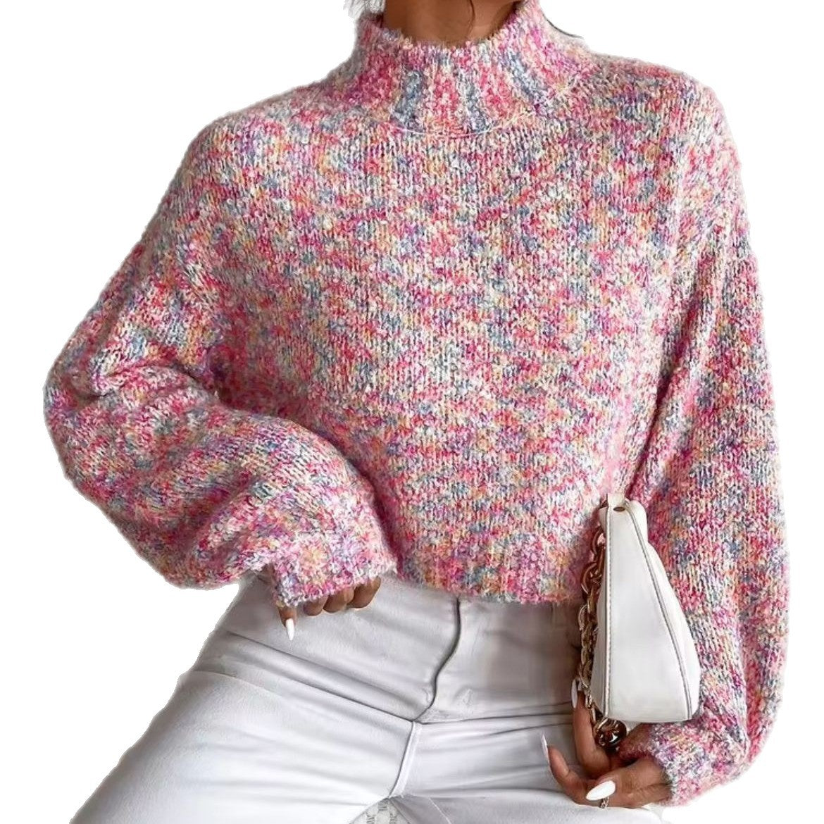 Bunter Strickpullover mit Stehkragen
