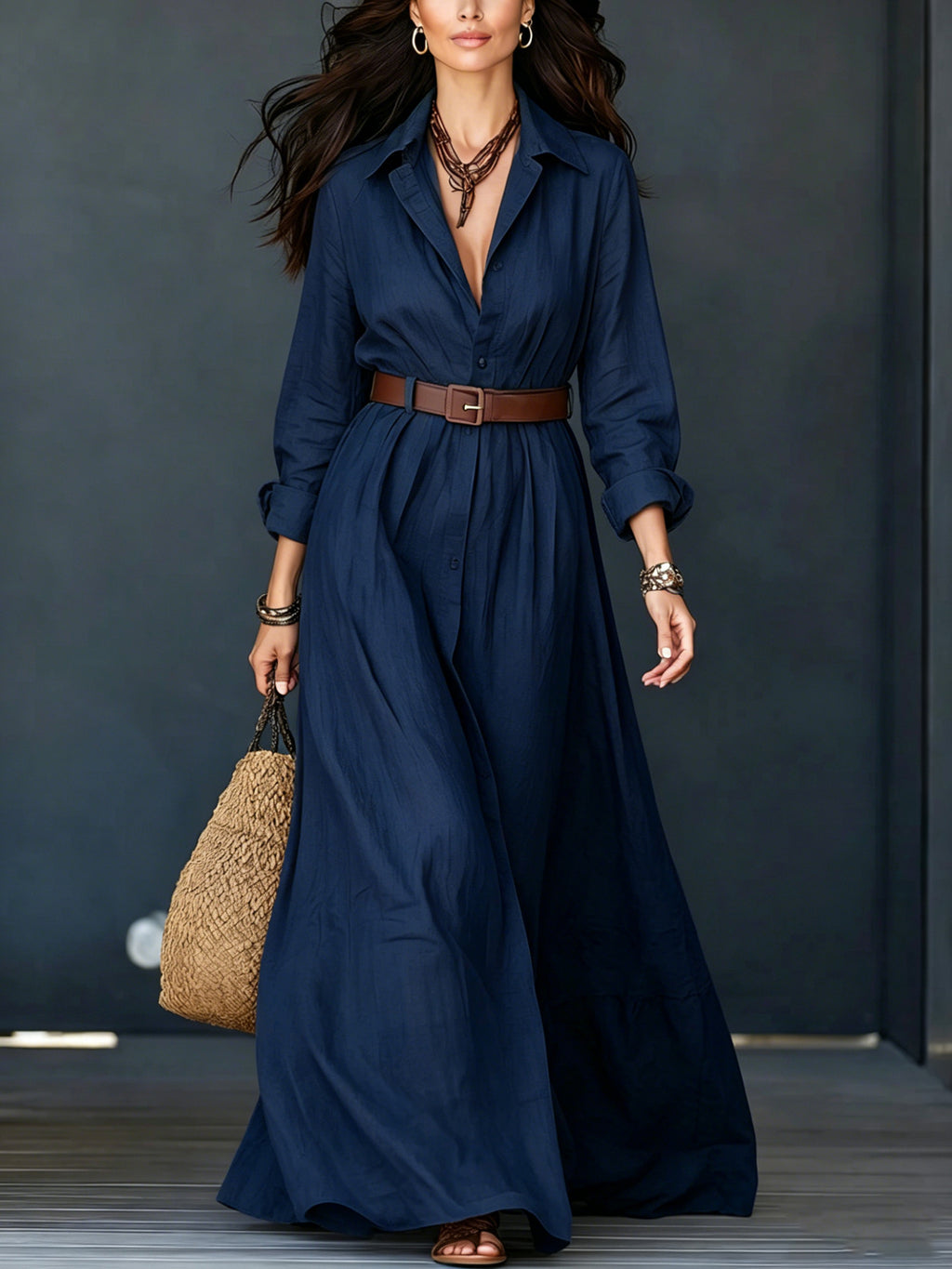 Langarm-Kleid mit Taillengürtel, elegant, lang, für Urlaub