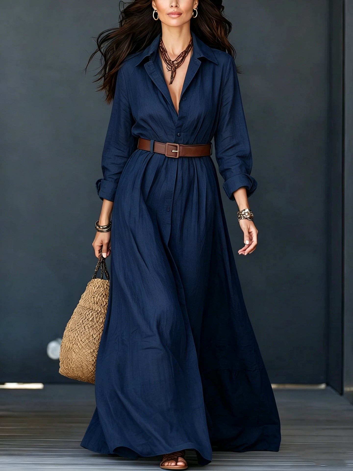 Langarm-Kleid mit Taillengürtel, elegant, lang, für Urlaub