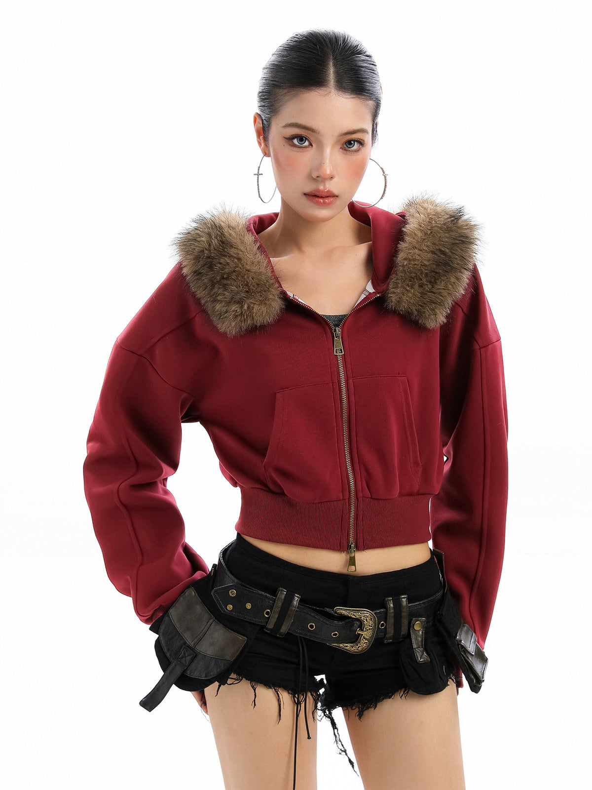 Kurze Kapuzenjacke mit Fellkragen – Bild 2 | LuxeStyle
