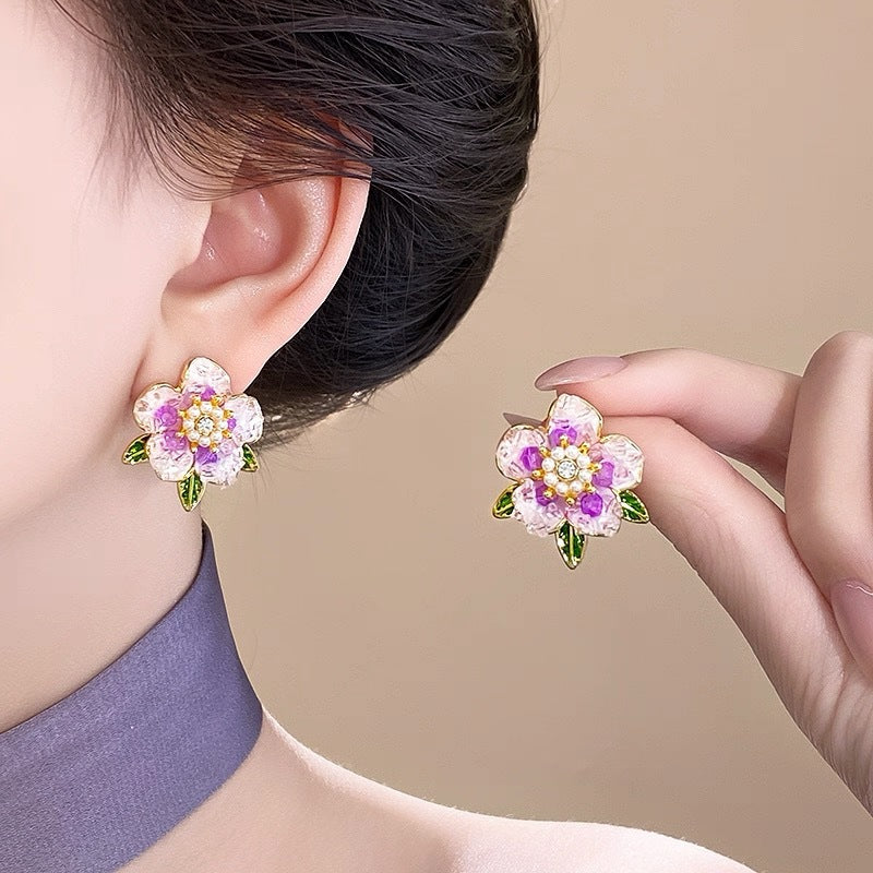Elegante Kristall-Ohrringe mit lila Blumen – Ansicht 3