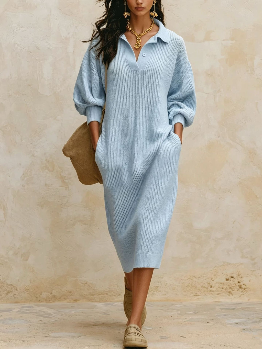 Pullover-Kleid mit V-Ausschnitt und Puffärmel – Bild 7 | LuxeStyle