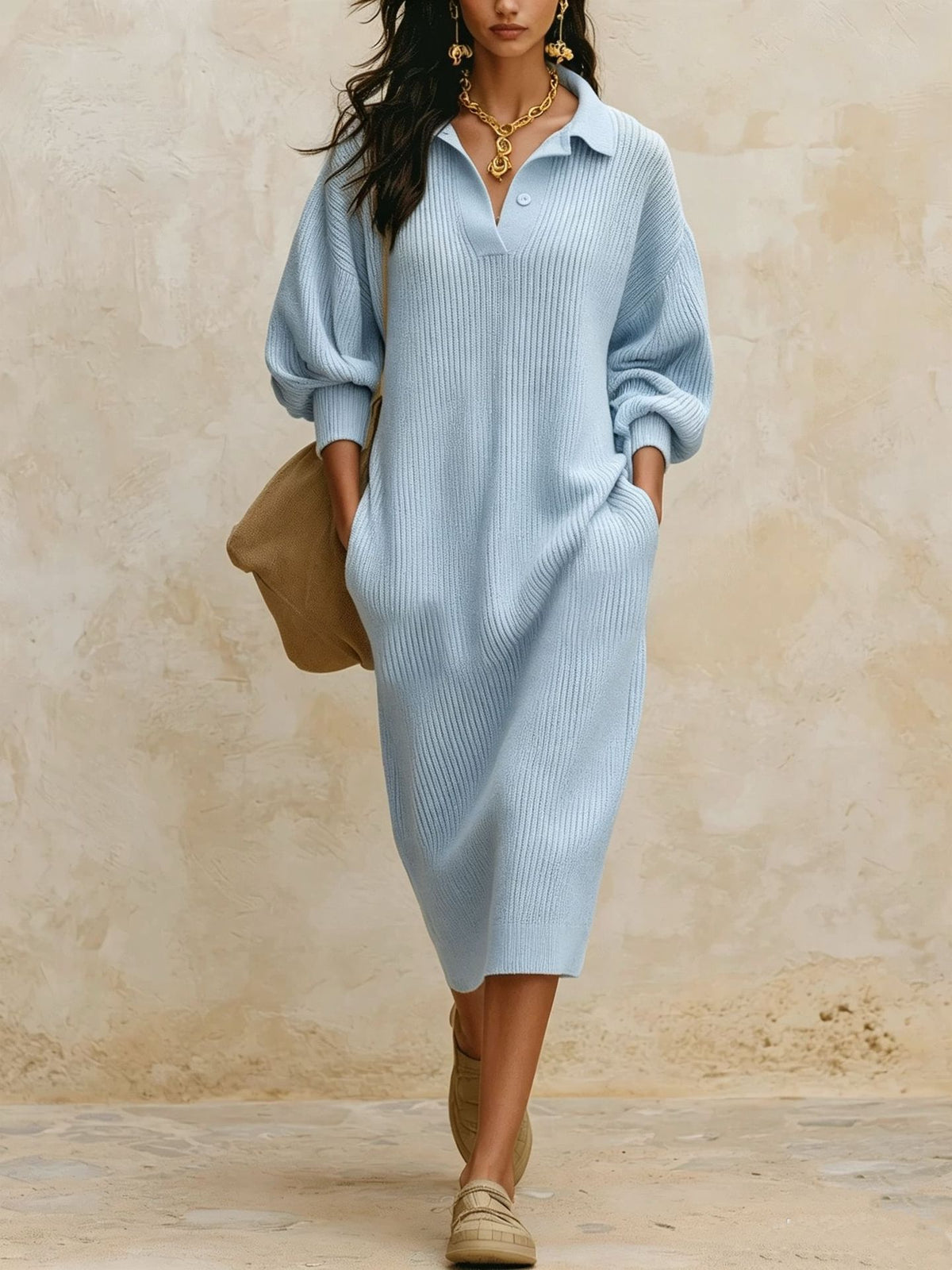 Pullover-Kleid mit V-Ausschnitt und Puffärmel – Bild 7 | LuxeStyle