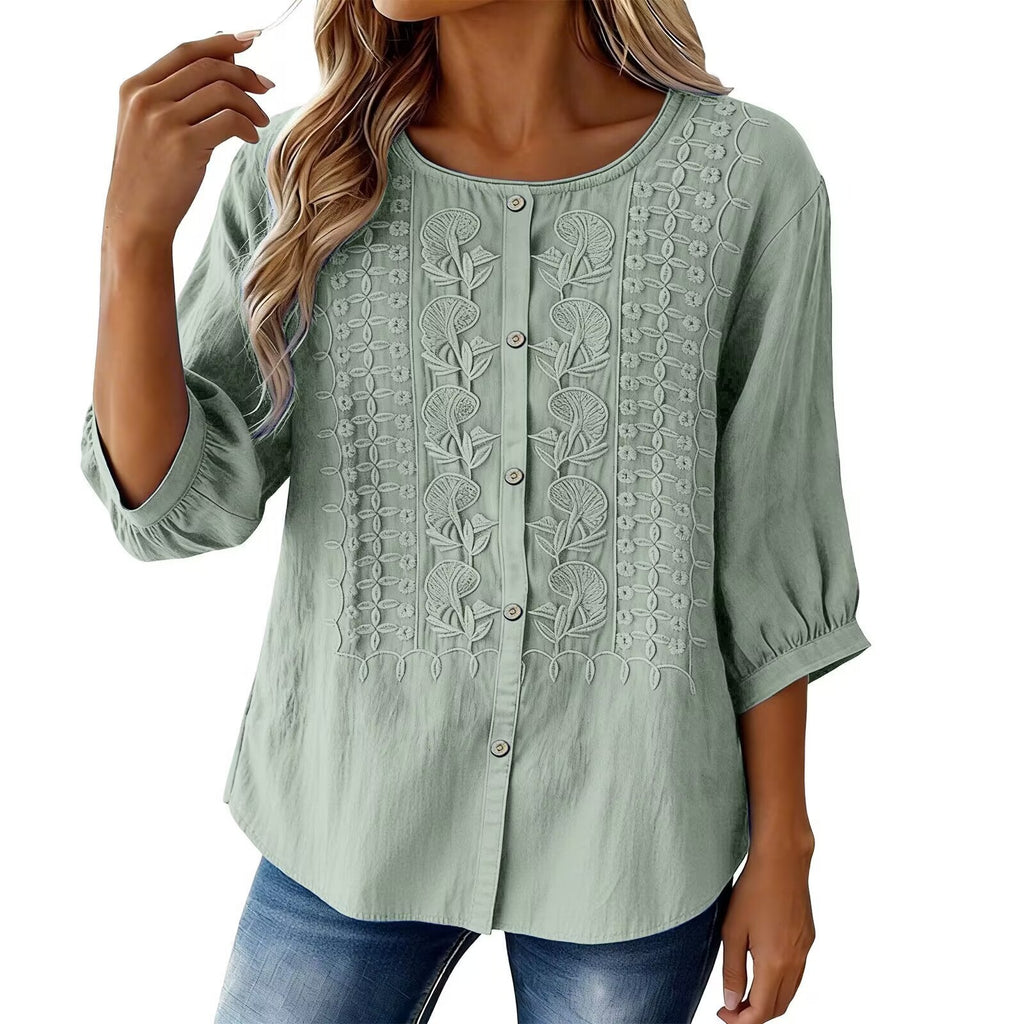 Besticktes V-Neck Shirt aus Baumwoll-Leinen