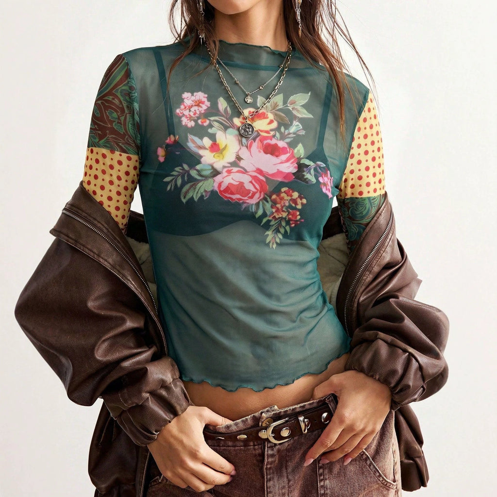 Mesh-Oberteil mit Blumenmuster und langen Ärmeln – Bild 3 | LuxeStyle