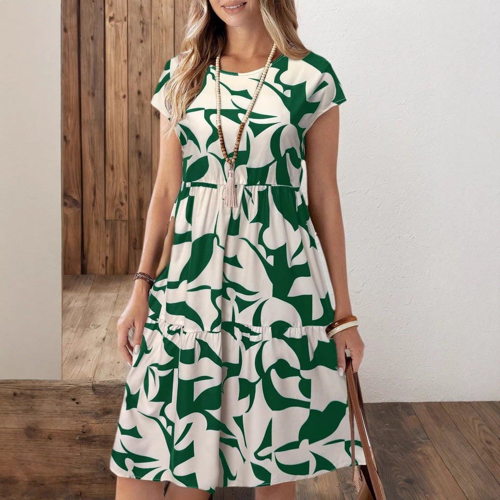 Rundhals Blumenprint Kleid Kurzarm