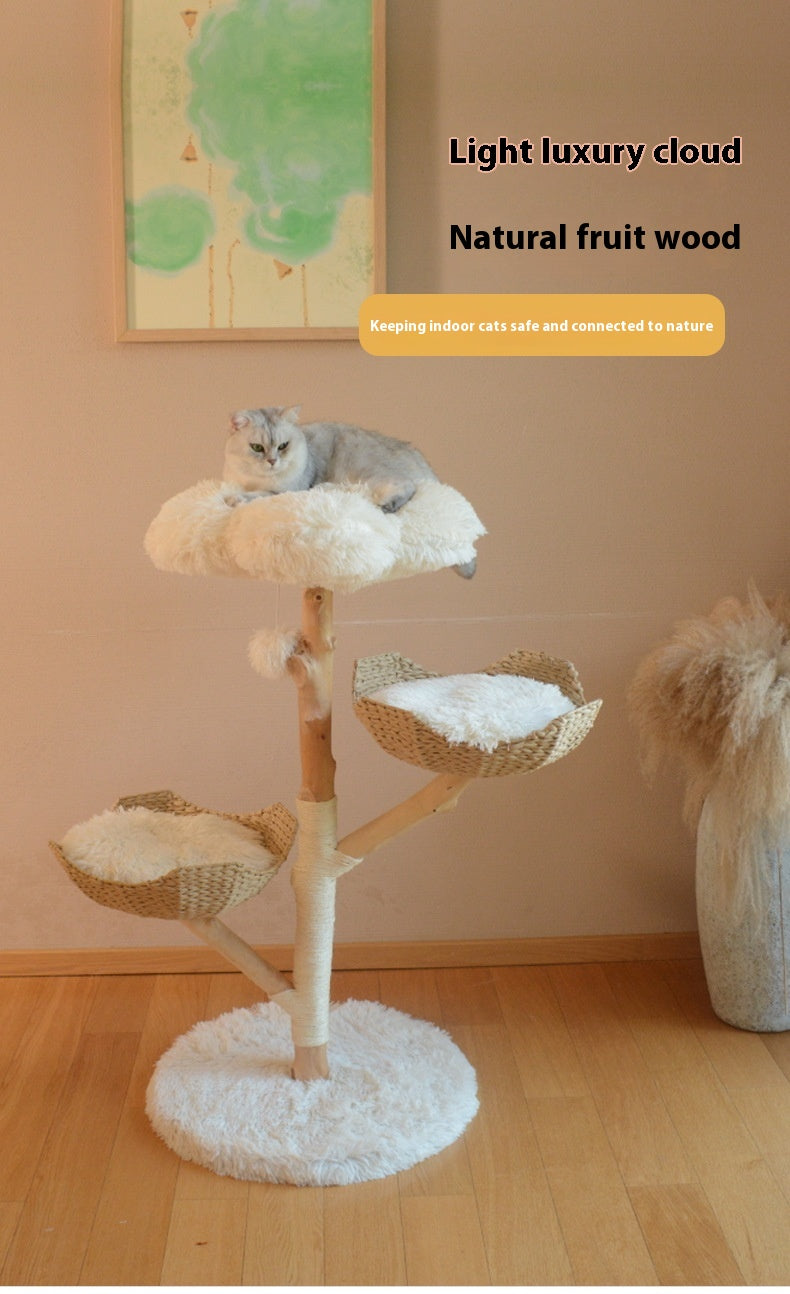 Naturholz Katzenkratzbaum mit Rattan-Nest