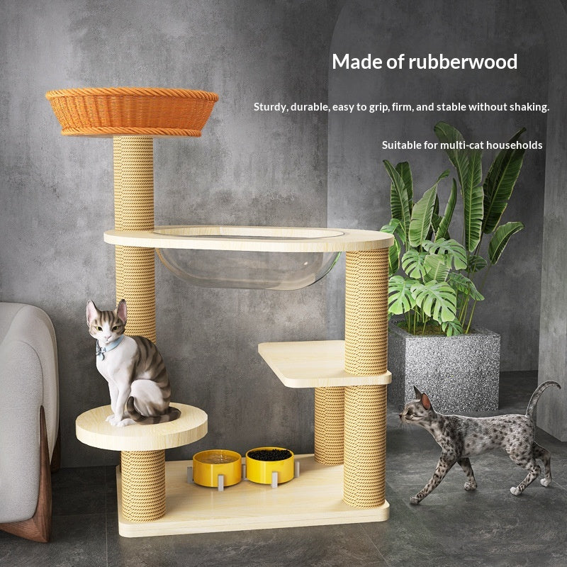 Massivholz-Katzenbaum mit Rattan-Bett