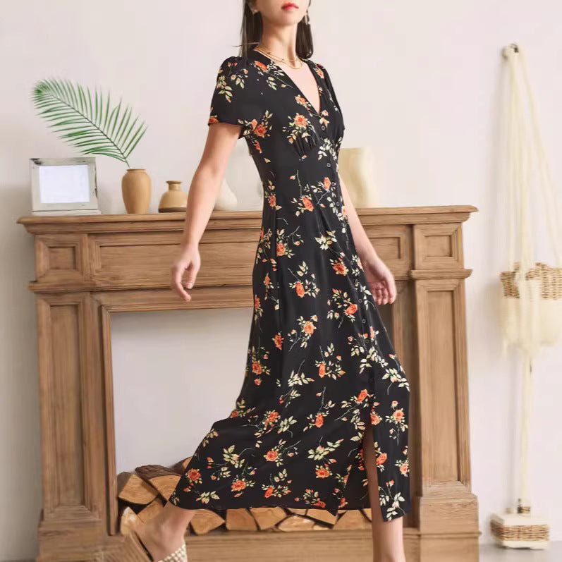 Vintage V-Ausschnitt Blumenkleid – Bild 2 | LuxeStyle