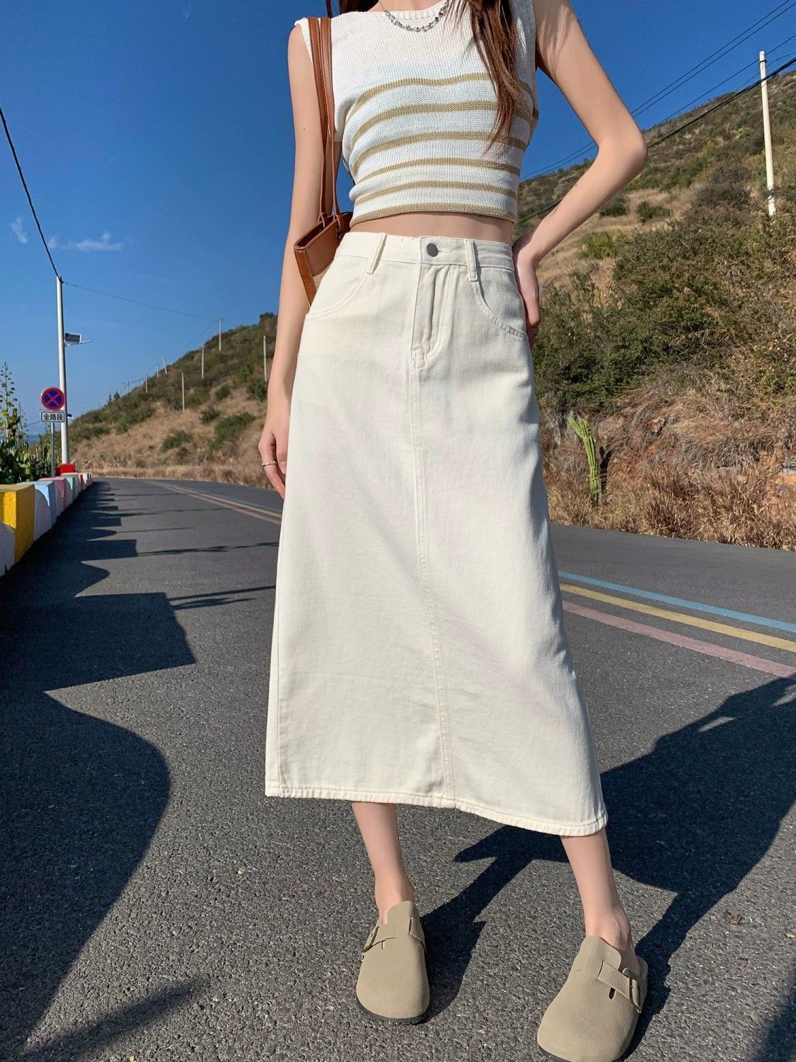 High-Waist A-Linien Jupe aus Denim – Ansicht 6