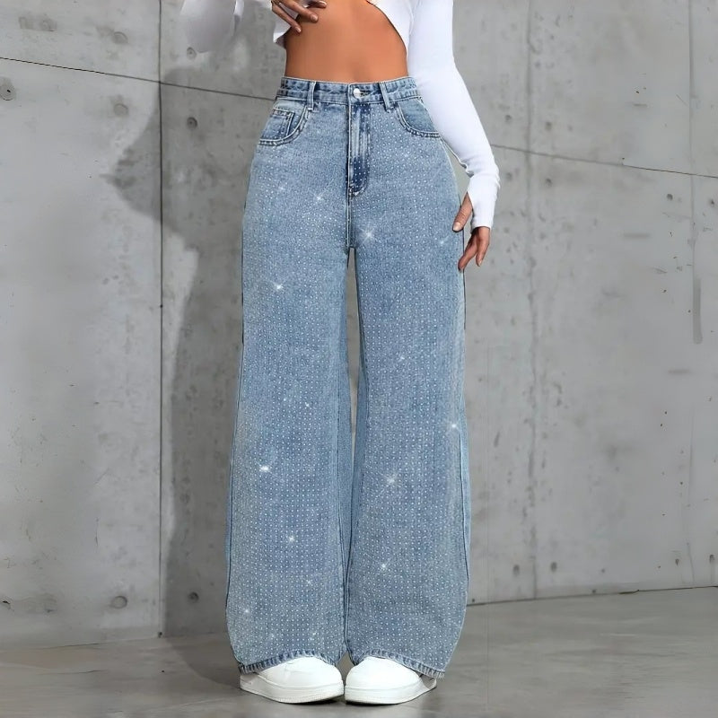 Weite Mid-Waist Jeans mit Rhinestones