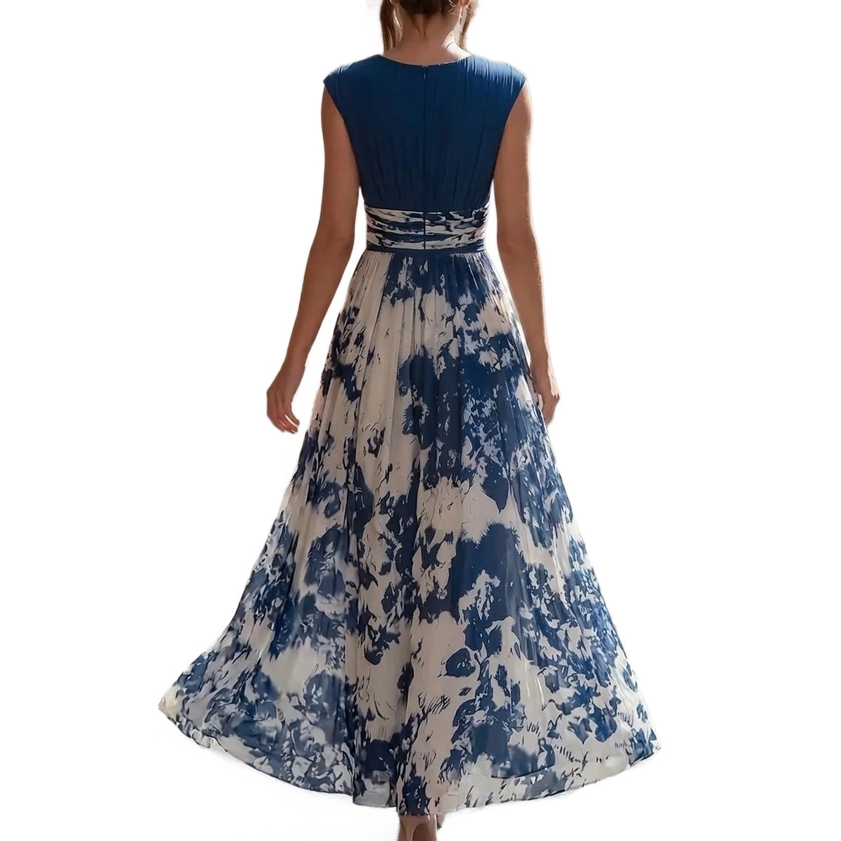 Ärmelloses V-Ausschnitt Porzellan-Print Kleid – Bild 2 | LuxeStyle