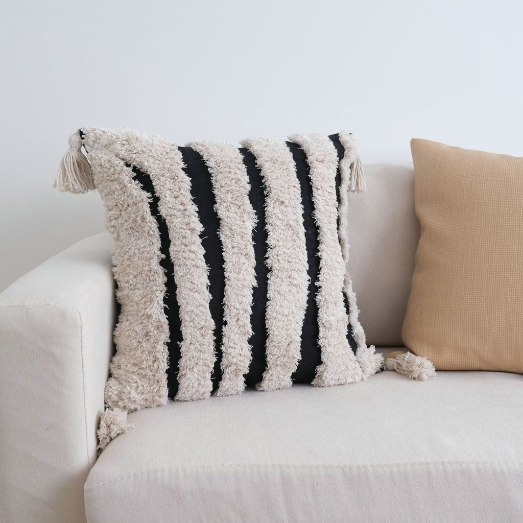 Kissenbezug mit Quasten – Beige/Schwarz