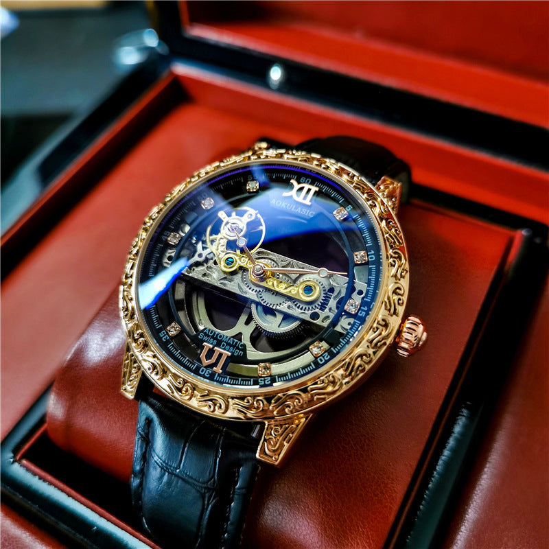 Automatische Mechanische Herrenuhr Doppelseitig Hohl Wasserdicht