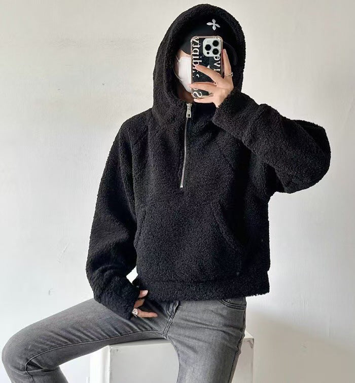 Relaxed Fit Halbzipfel-Hoodie aus Imitat Lammwolle