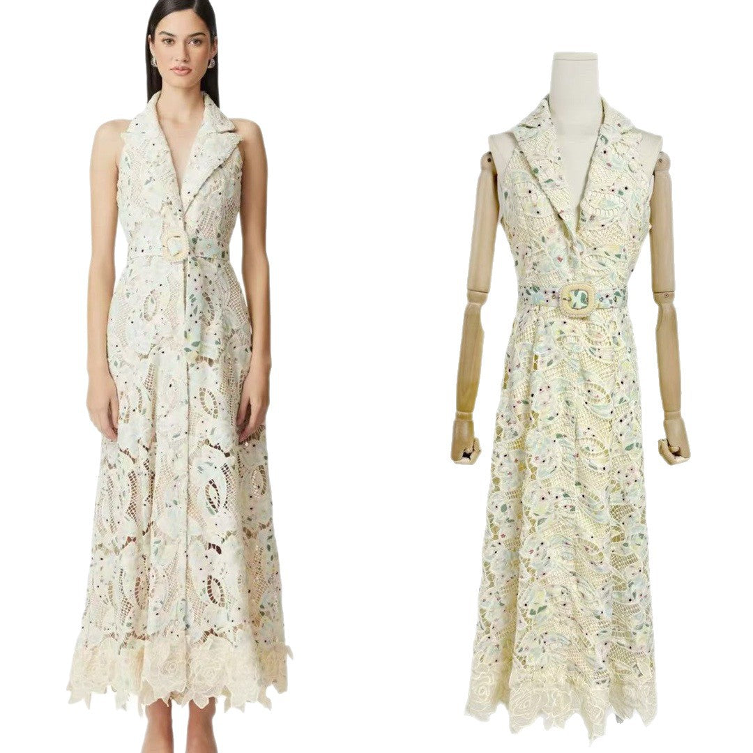 Ärmelloses V-Neck Maxikleid mit Blumenstickerei – Bild 3 | LuxeStyle