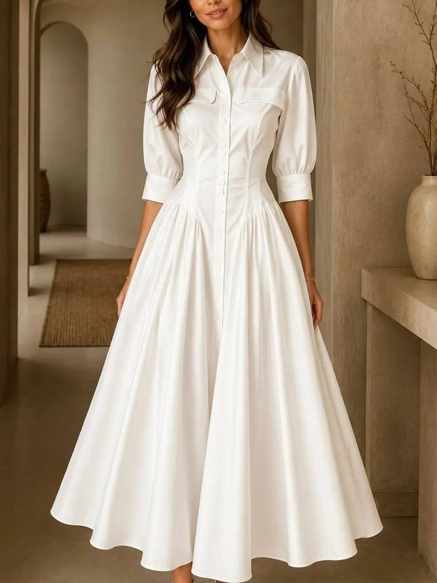 Elegantes Baumwoll-Leinen-Kleid mit hohem Bund – Bild 2 | LuxeStyle