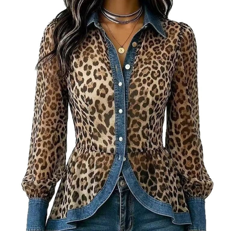 Leopard-Print Patchwork Denim Langarmshirt – Ansicht 6