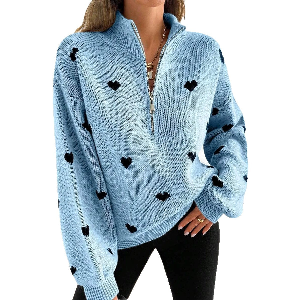 Damen Strickpullover mit Herzmuster-Reissverschluss