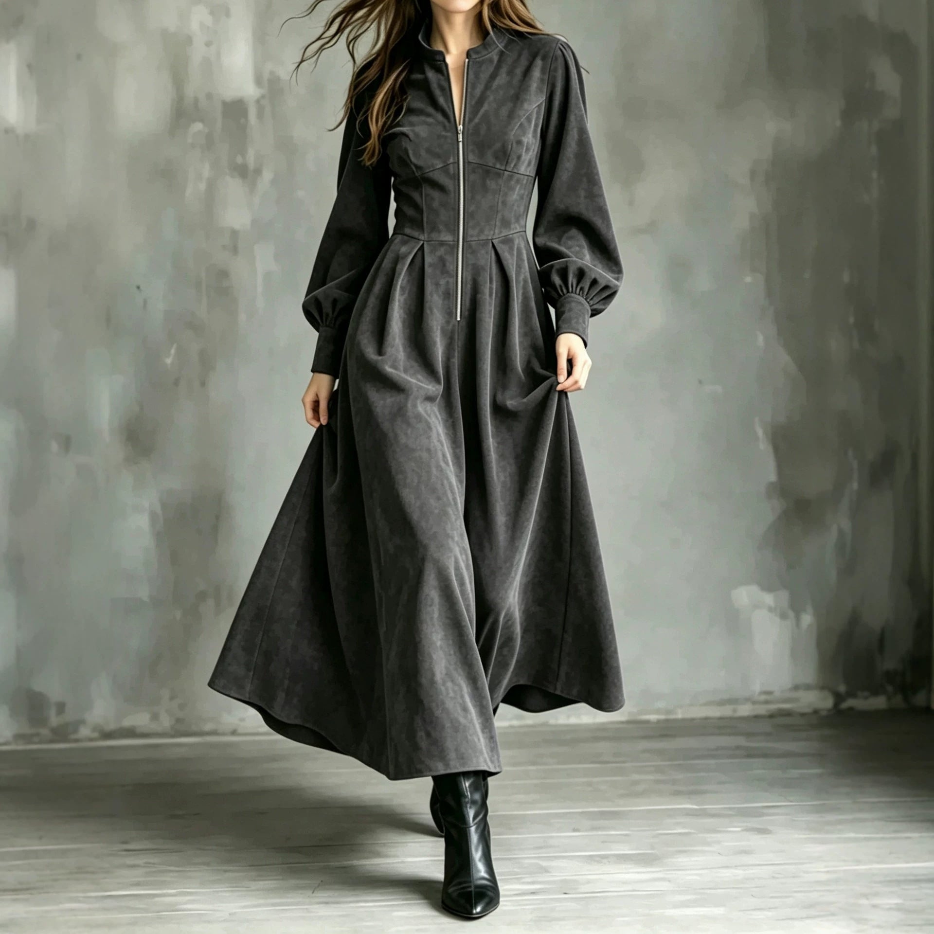 Midikleid mit Laternenärmeln und Reissverschluss
