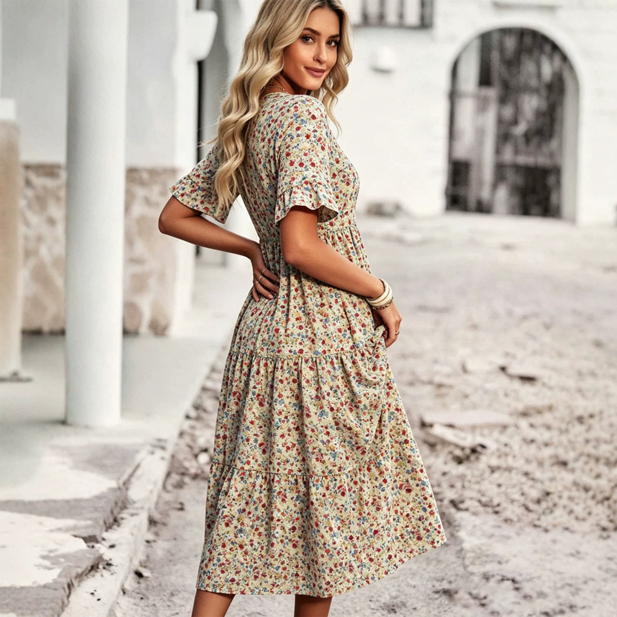 Boho V-Ausschnitt Strandkleid Langarm – Bild 8 | LuxeStyle