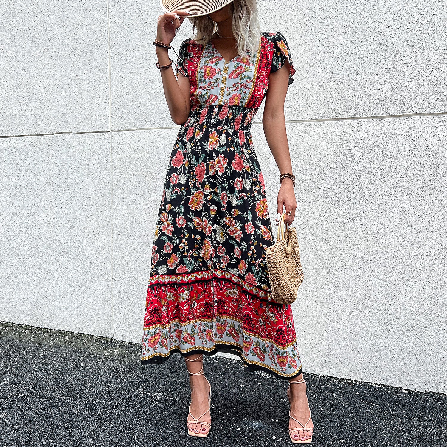 Midi-Kleid mit Blumenmuster und Schlitz