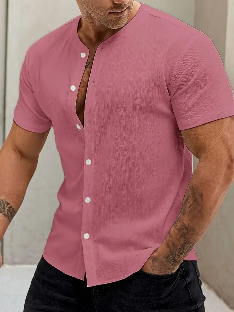 Stehkragen-Cardigan Kurzarmhemd für Herren | LuxeStyle