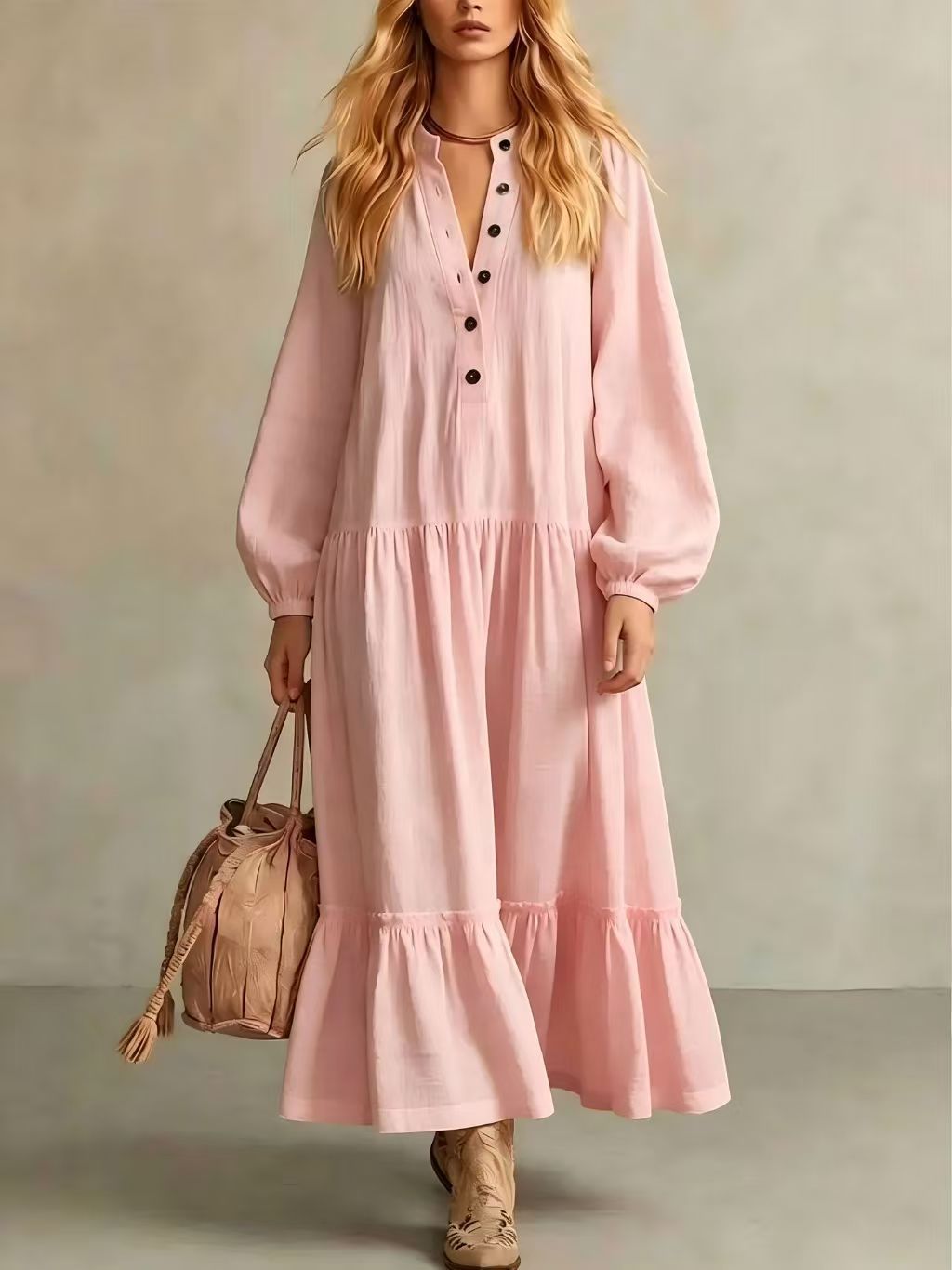 Langes Baumwoll-Leinenkleid mit Stehkragen – Bild 2 | LuxeStyle